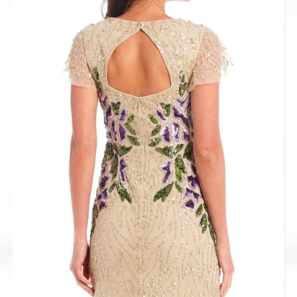 Adrianna Papell Floral Beaded Sweetheart Neck Cap Sleeves Shealth Long Gown 12 - Picture 5 of 16